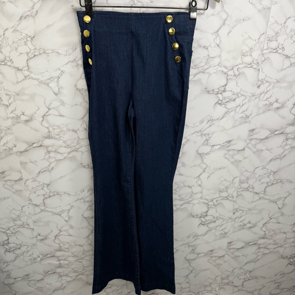 EUC INC DESIGN Gold Button Dark Blue Jeans Pull-On Flare Wide Leg ๐TRENDY! - Picture 11 of 16